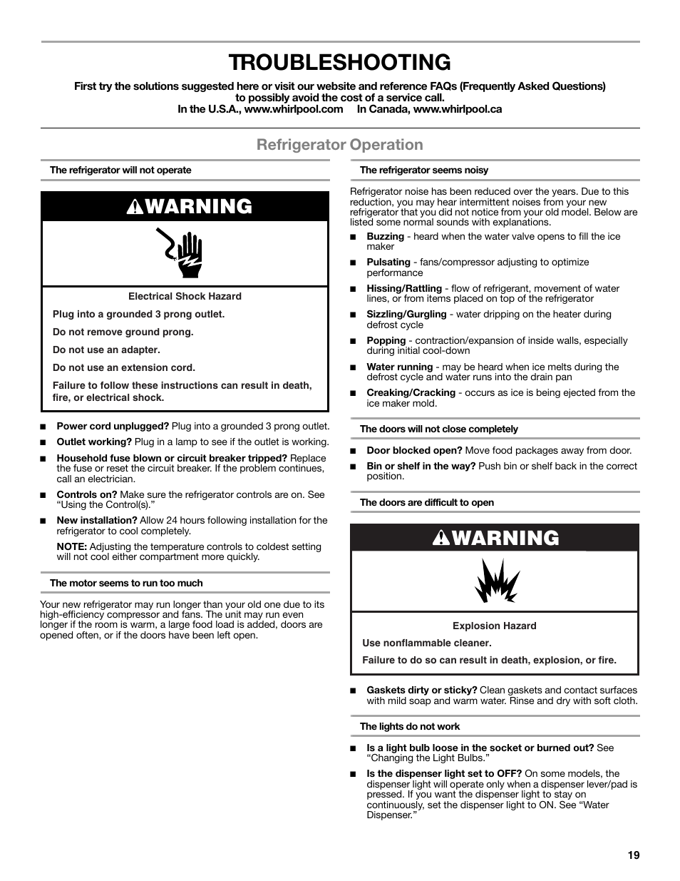 Troubleshooting, Warning, Refrigerator operation | Whirlpool WRT771REYB User Manual | Page 19 / 72