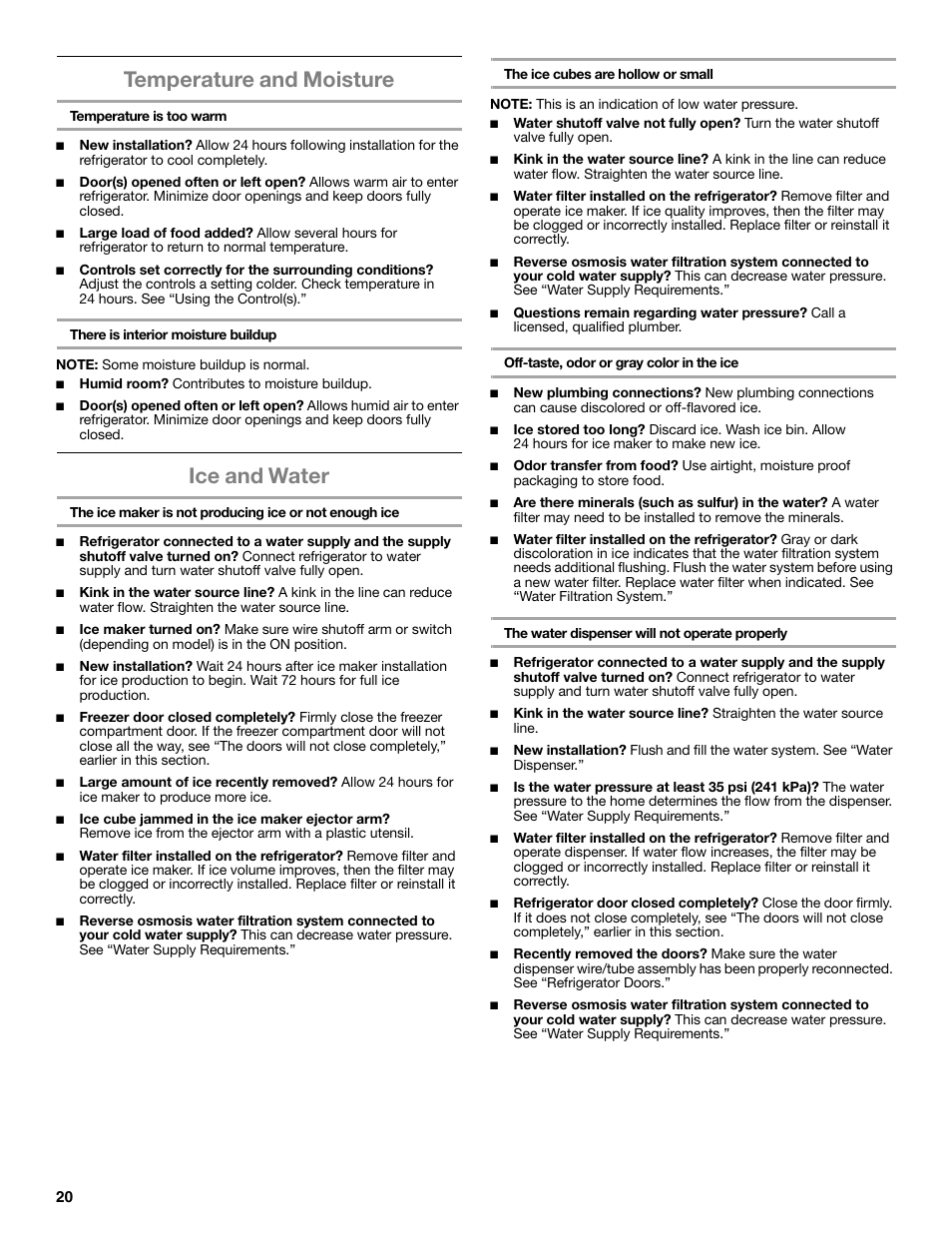 Temperature and moisture, Ice and water | Whirlpool WRT771REYB User Manual | Page 20 / 72