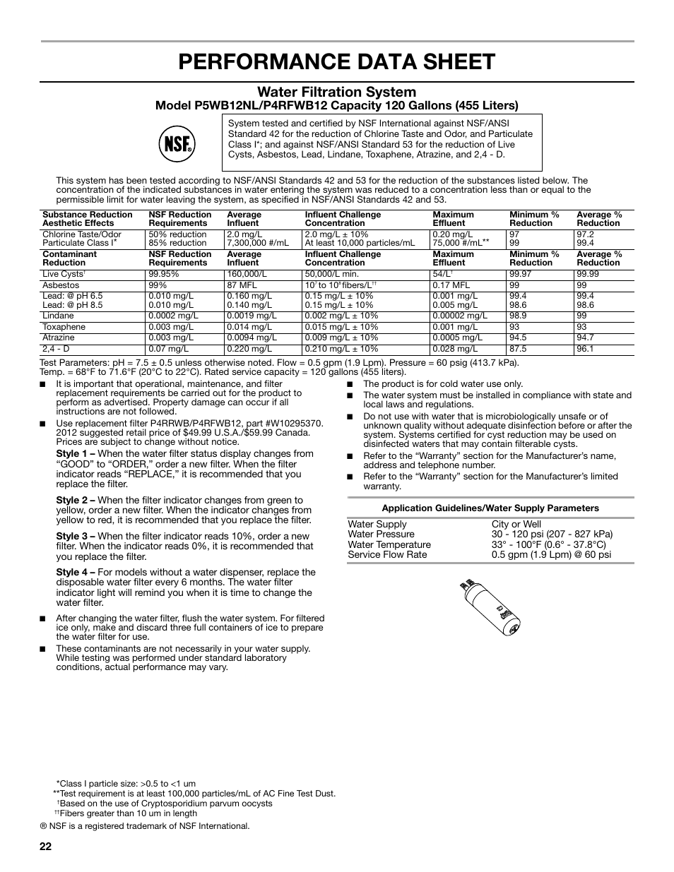 Performance data sheet, Water filtration system | Whirlpool WRT771REYB User Manual | Page 22 / 72