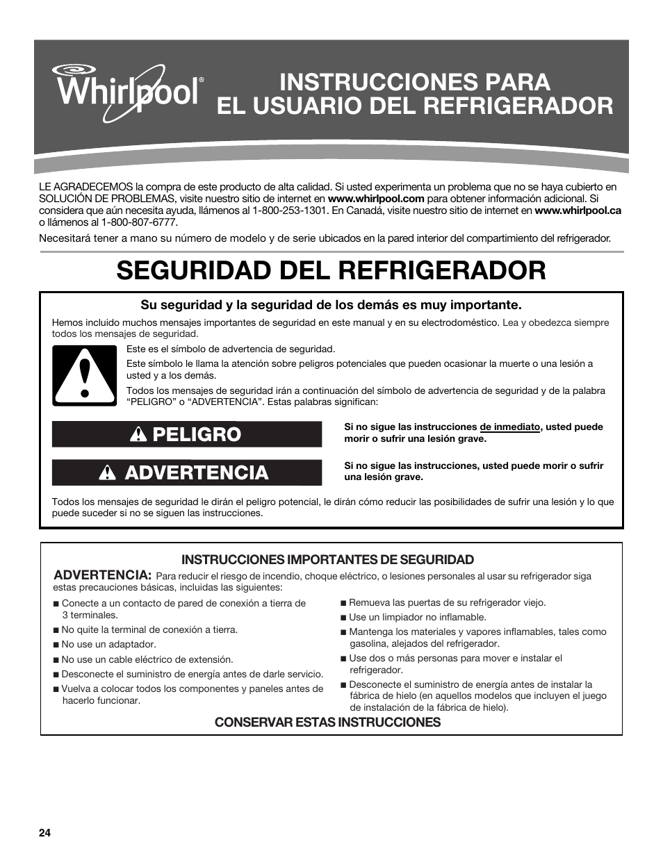 Seguridad del refrigerador, Instrucciones para el usuario del refrigerador, Advertencia peligro | Whirlpool WRT771REYB User Manual | Page 24 / 72