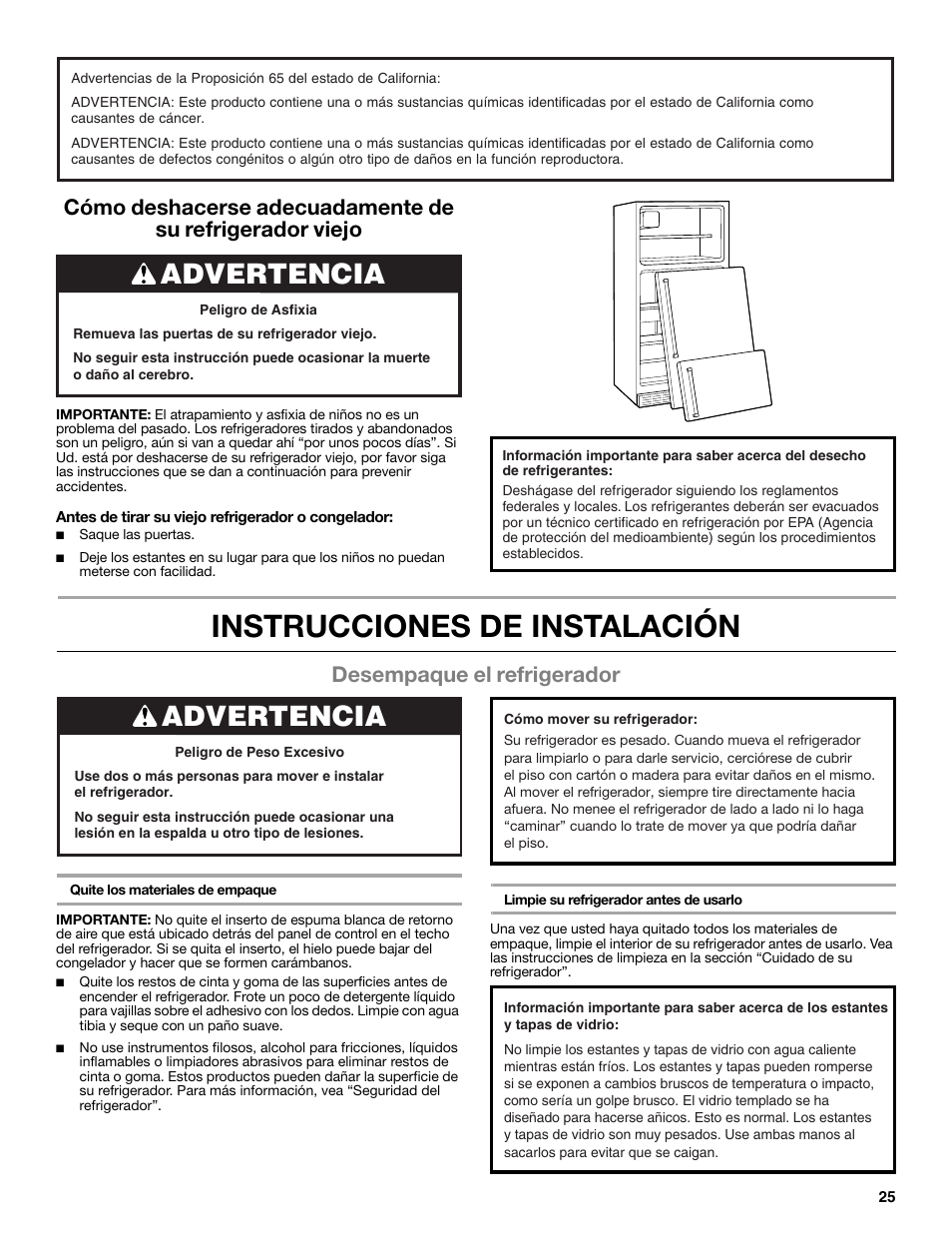 Instrucciones de instalación, Advertencia, Desempaque el refrigerador | Whirlpool WRT771REYB User Manual | Page 25 / 72