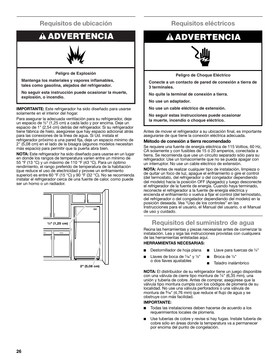 Advertencia, Requisitos de ubicación, Requisitos eléctricos | Requisitos del suministro de agua | Whirlpool WRT771REYB User Manual | Page 26 / 72