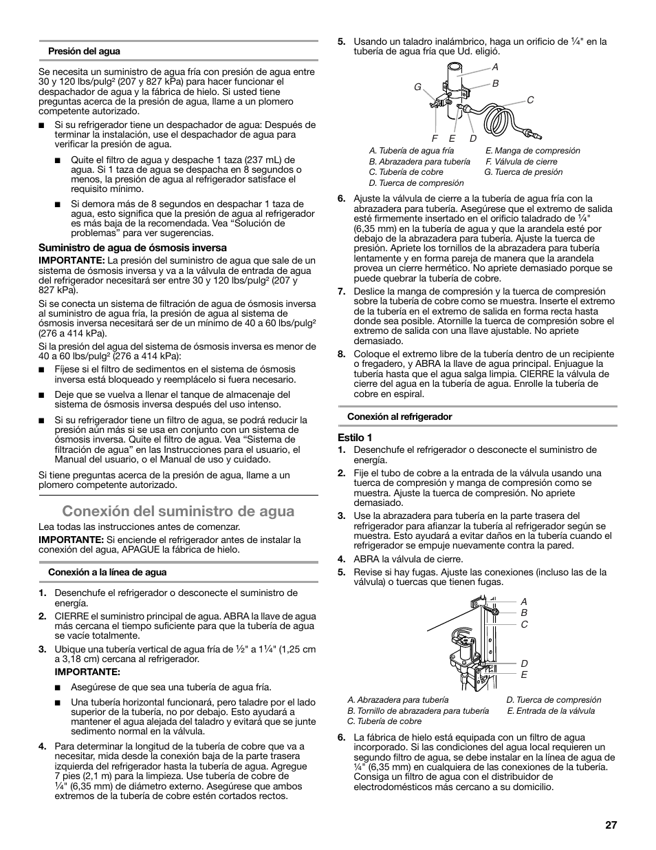 Conexión del suministro de agua | Whirlpool WRT771REYB User Manual | Page 27 / 72