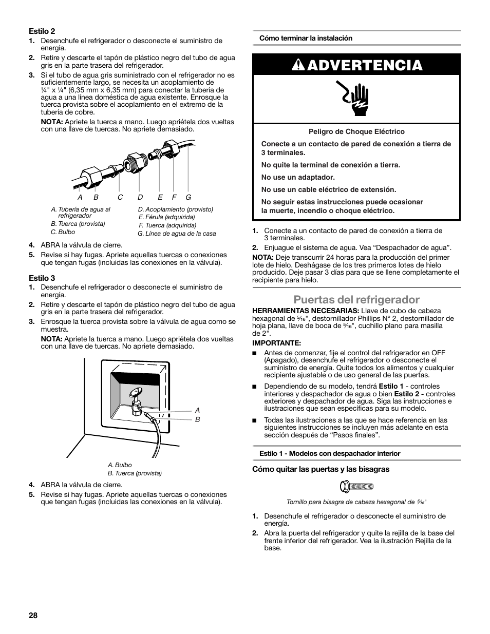 Advertencia, Puertas del refrigerador | Whirlpool WRT771REYB User Manual | Page 28 / 72