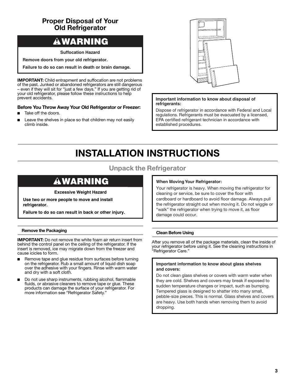 Installation instructions, Warning, Unpack the refrigerator | Proper disposal of your old refrigerator | Whirlpool WRT771REYB User Manual | Page 3 / 72