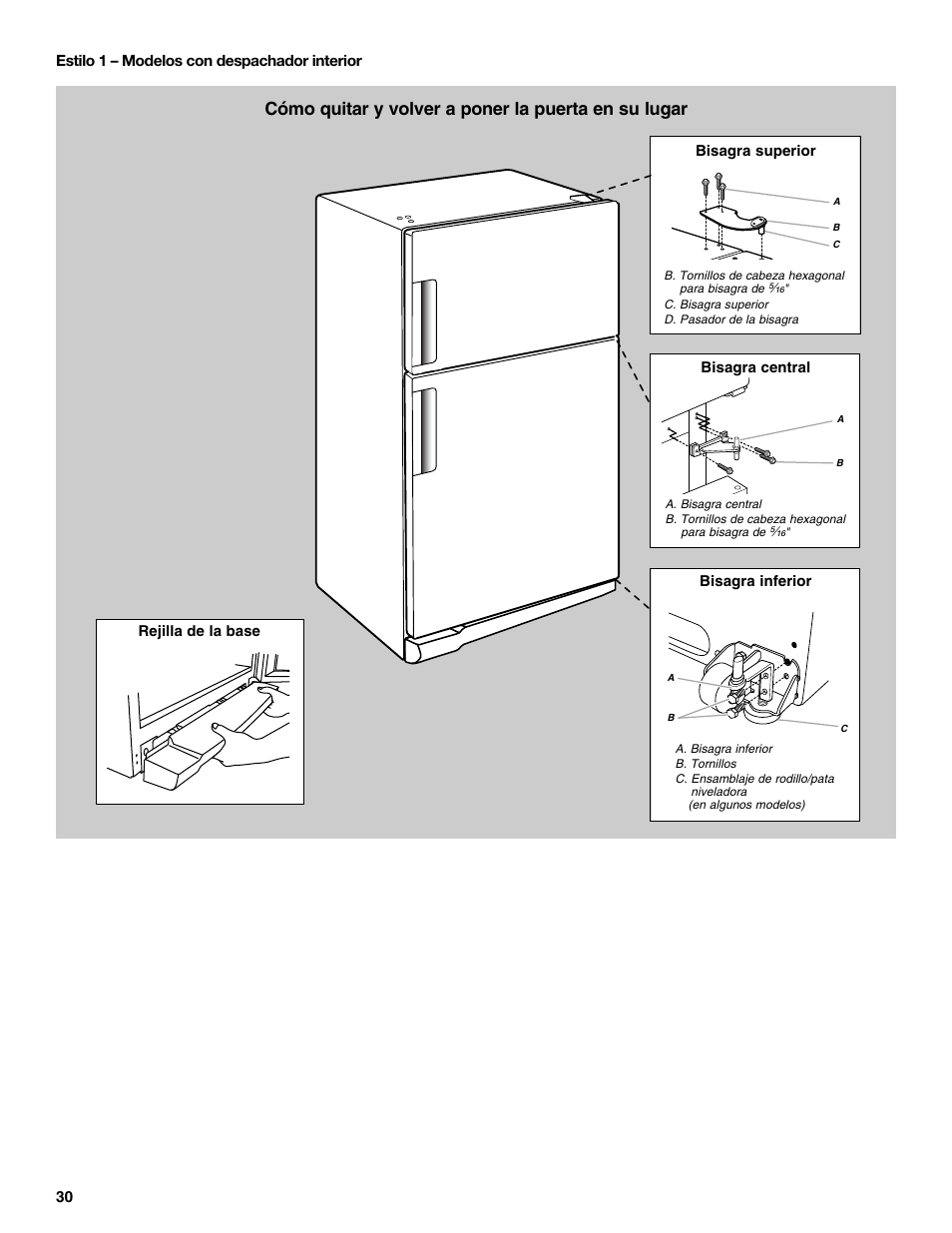 Cómo quitar y volver a poner la puerta en su lugar | Whirlpool WRT771REYB User Manual | Page 30 / 72