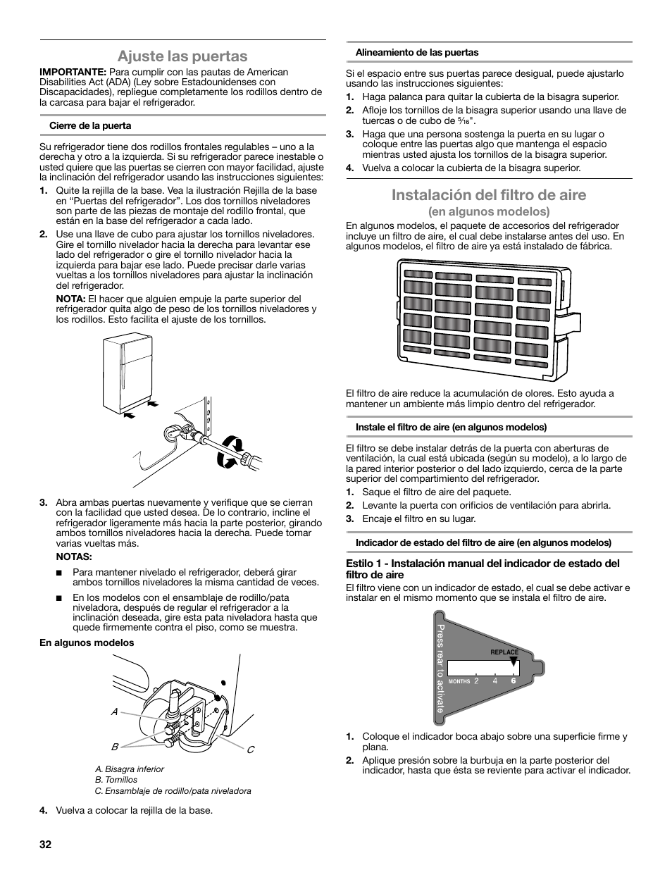 Ajuste las puertas, Instalación del filtro de aire | Whirlpool WRT771REYB User Manual | Page 32 / 72