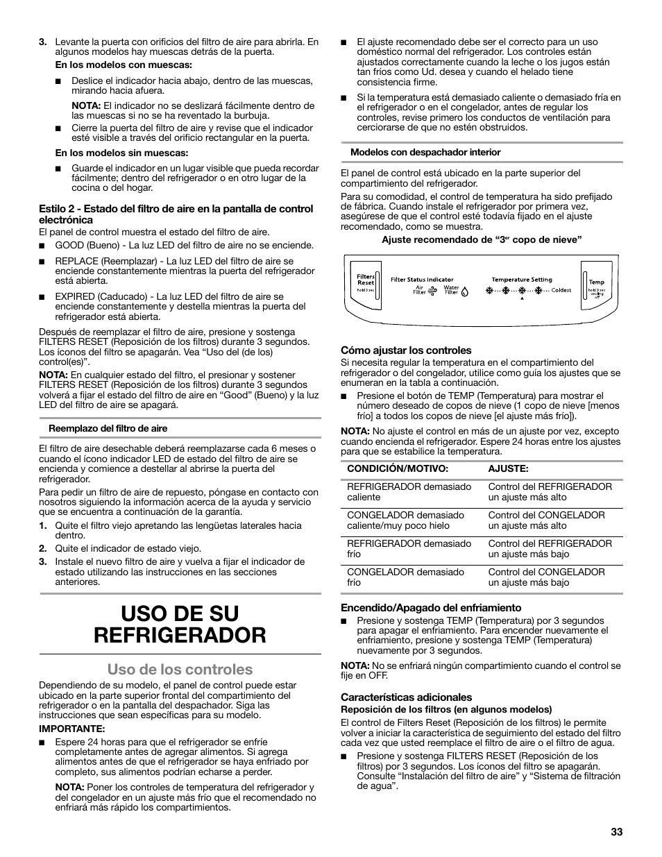 Uso de su refrigerador, Uso de los controles | Whirlpool WRT771REYB User Manual | Page 33 / 72