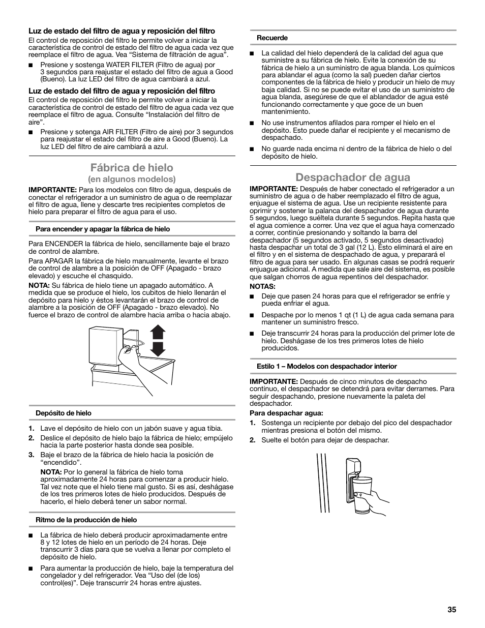 Fábrica de hielo, Despachador de agua, En algunos modelos) | Whirlpool WRT771REYB User Manual | Page 35 / 72