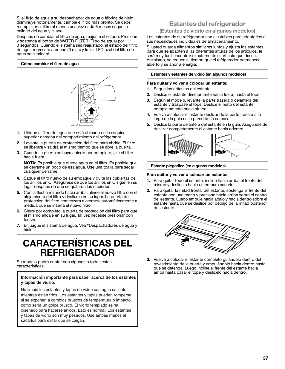 Características del refrigerador, Estantes del refrigerador | Whirlpool WRT771REYB User Manual | Page 37 / 72