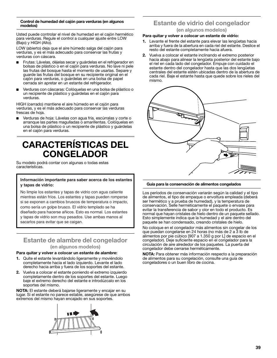 Características del congelador, Estante de alambre del congelador, Estante de vidrio del congelador | Whirlpool WRT771REYB User Manual | Page 39 / 72