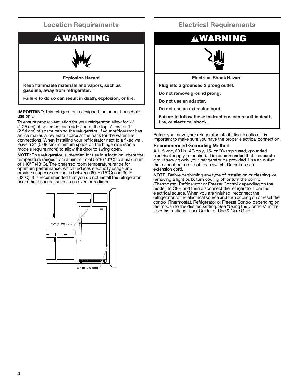 Warning, Location requirements, Electrical requirements | Whirlpool WRT771REYB User Manual | Page 4 / 72