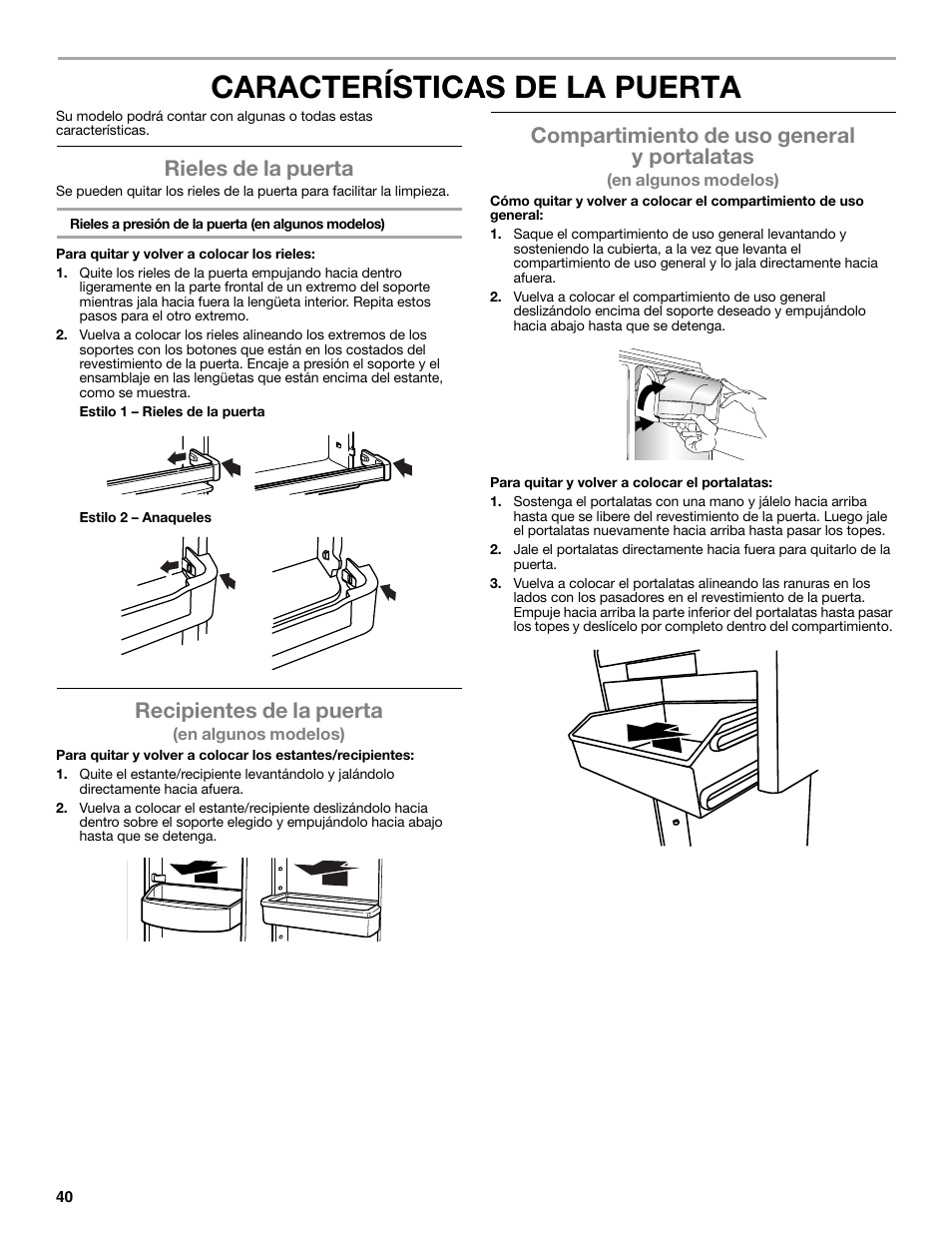 Características de la puerta, Rieles de la puerta, Recipientes de la puerta | Compartimiento de uso general y portalatas | Whirlpool WRT771REYB User Manual | Page 40 / 72