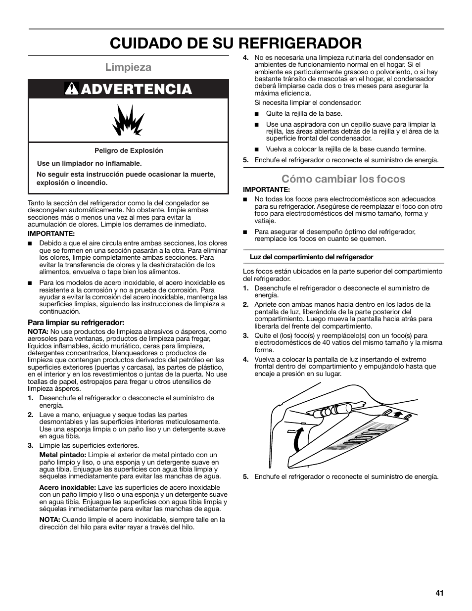 Cuidado de su refrigerador, Advertencia, Limpieza | Cómo cambiar los focos | Whirlpool WRT771REYB User Manual | Page 41 / 72