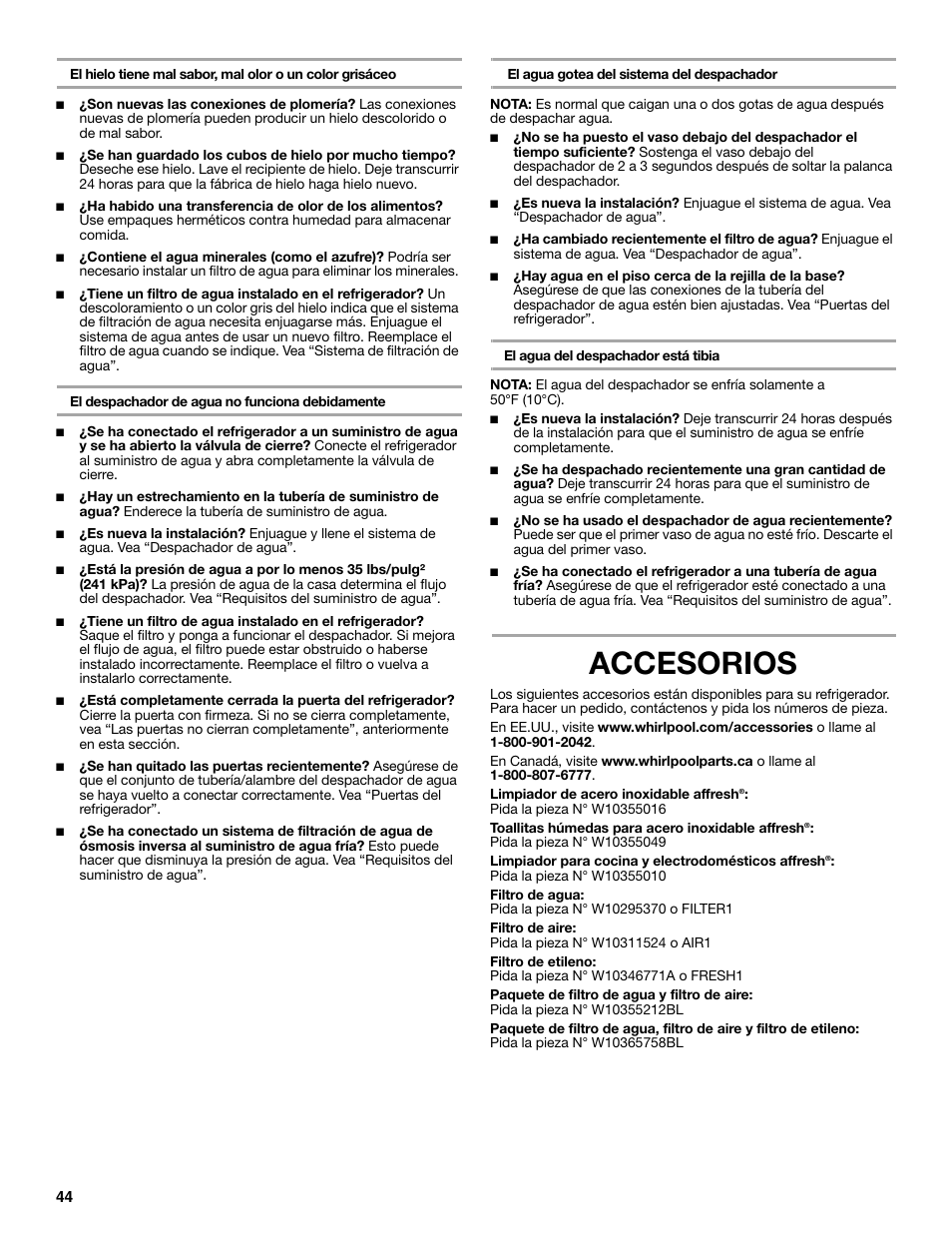 Accesorios | Whirlpool WRT771REYB User Manual | Page 44 / 72