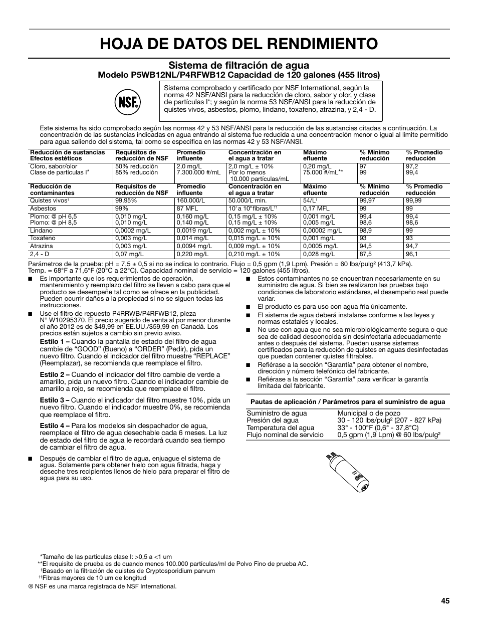 Hoja de datos del rendimiento, Sistema de filtración de agua | Whirlpool WRT771REYB User Manual | Page 45 / 72