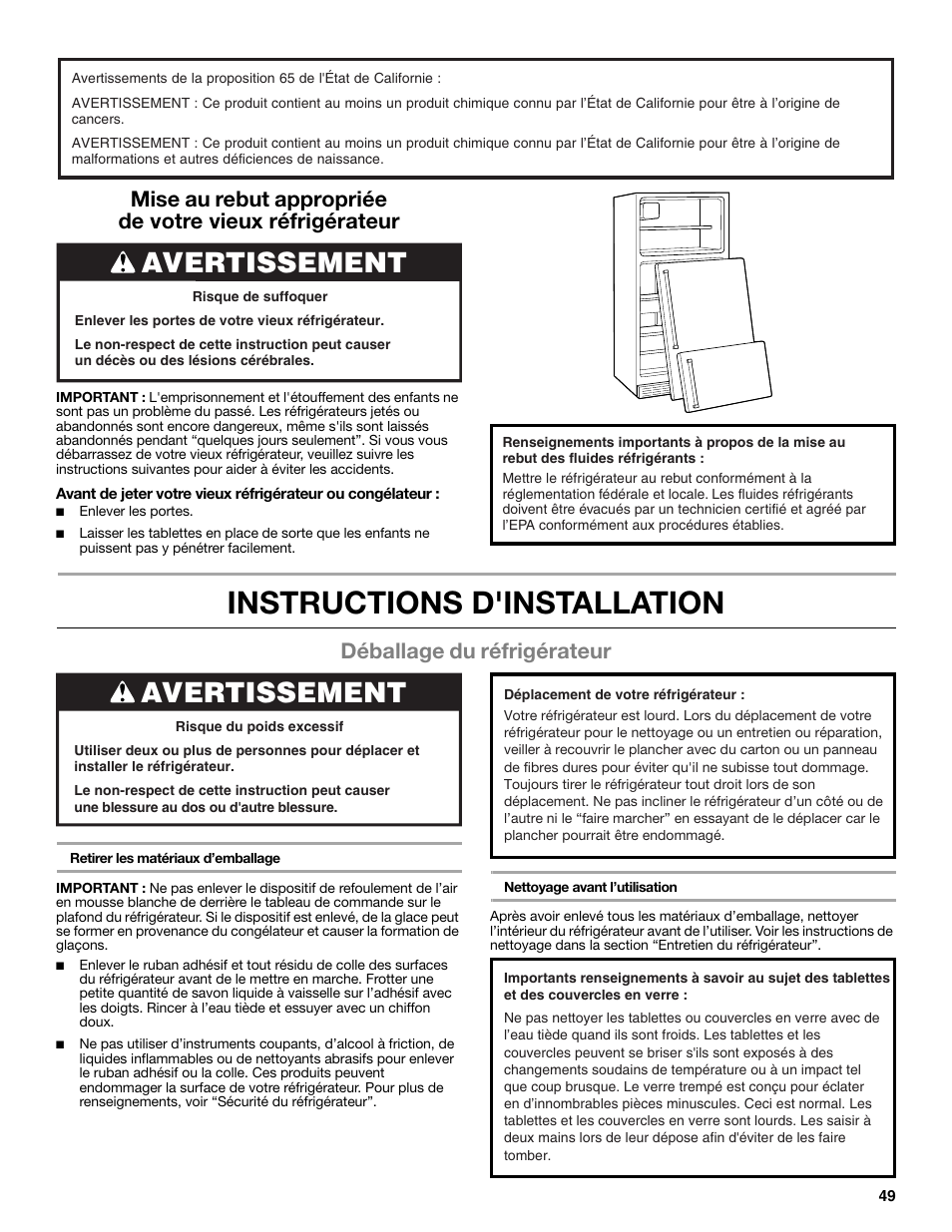 Instructions d'installation, Avertissement, Déballage du réfrigérateur | Whirlpool WRT771REYB User Manual | Page 49 / 72