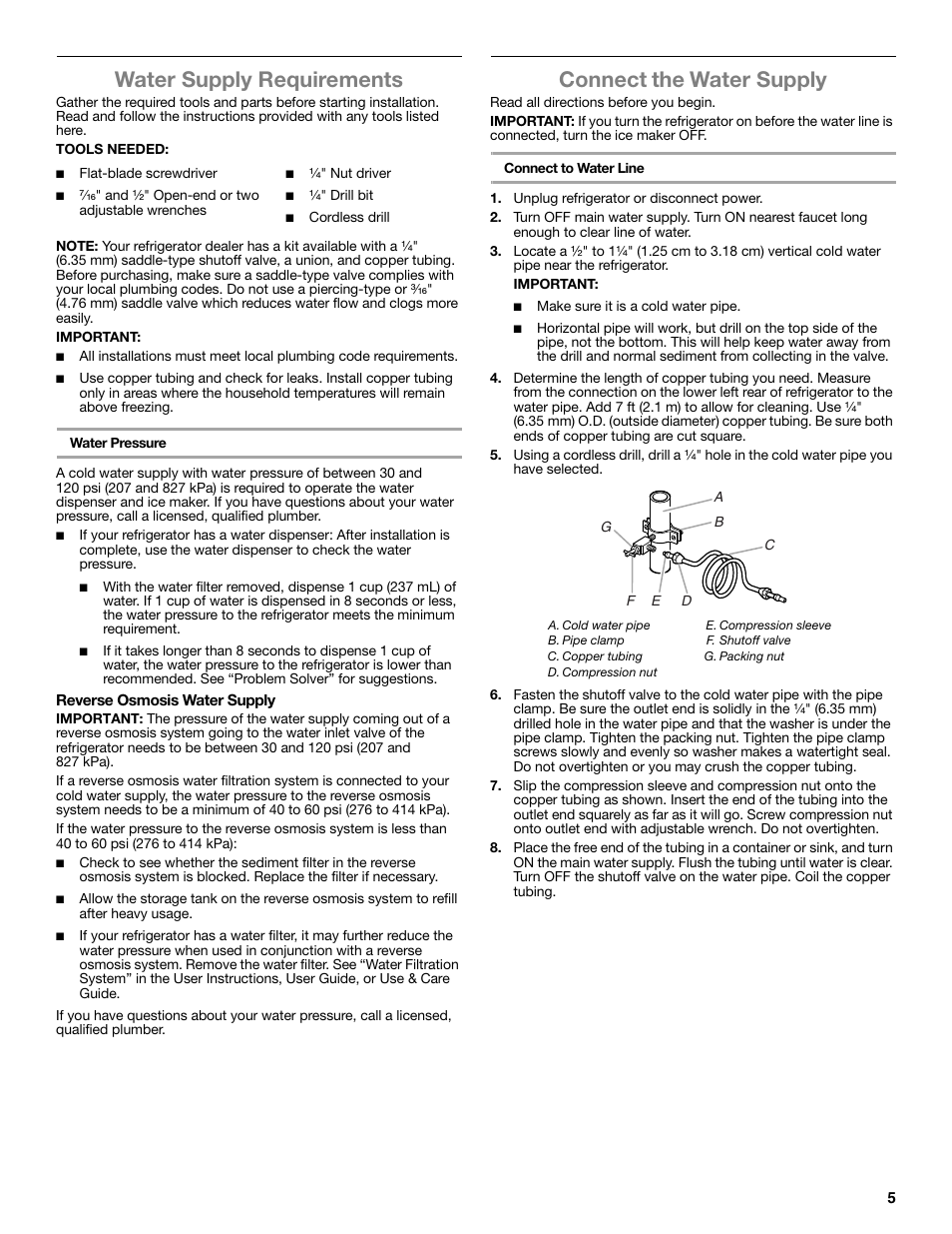 Water supply requirements, Connect the water supply | Whirlpool WRT771REYB User Manual | Page 5 / 72