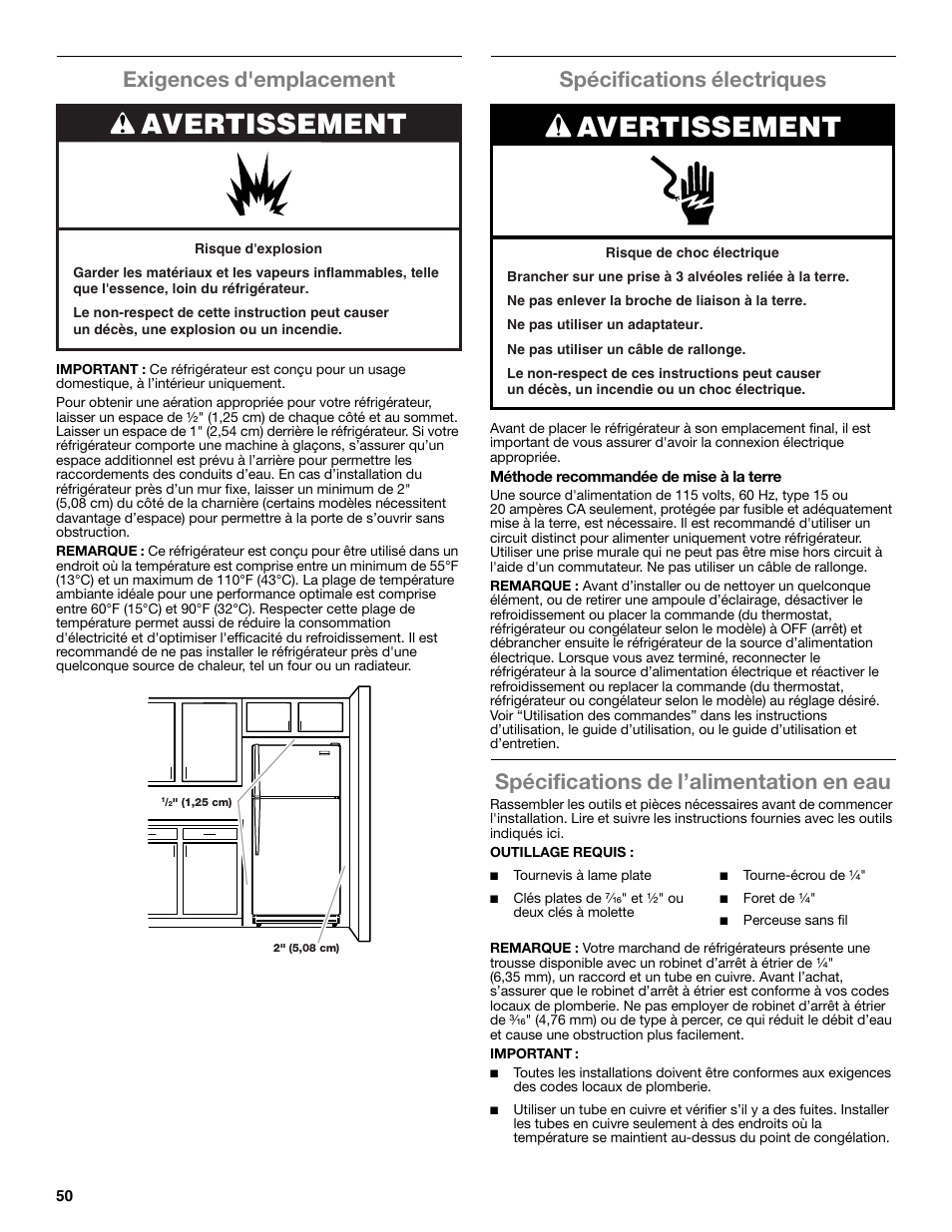 Avertissement, Exigences d'emplacement, Spécifications électriques | Spécifications de l’alimentation en eau | Whirlpool WRT771REYB User Manual | Page 50 / 72
