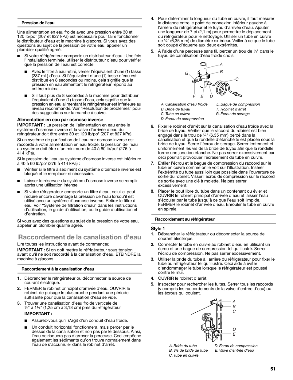 Raccordement de la canalisation d'eau | Whirlpool WRT771REYB User Manual | Page 51 / 72