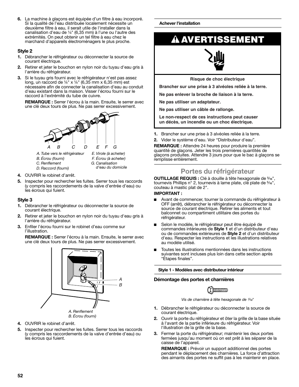 Avertissement, Portes du réfrigérateur | Whirlpool WRT771REYB User Manual | Page 52 / 72