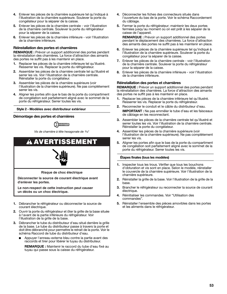 Avertissement | Whirlpool WRT771REYB User Manual | Page 53 / 72