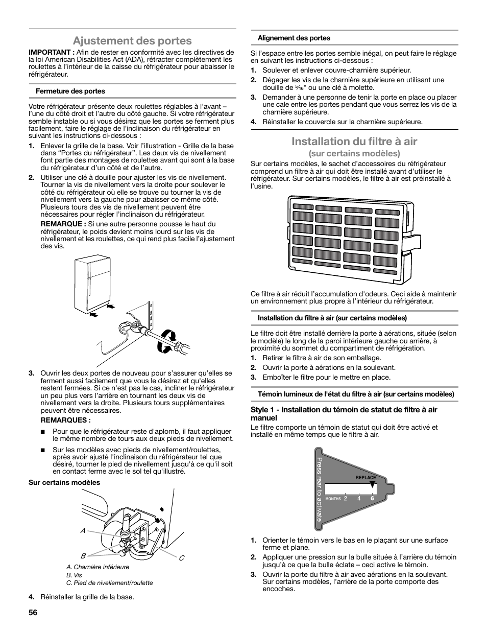 Ajustement des portes, Installation du filtre à air | Whirlpool WRT771REYB User Manual | Page 56 / 72