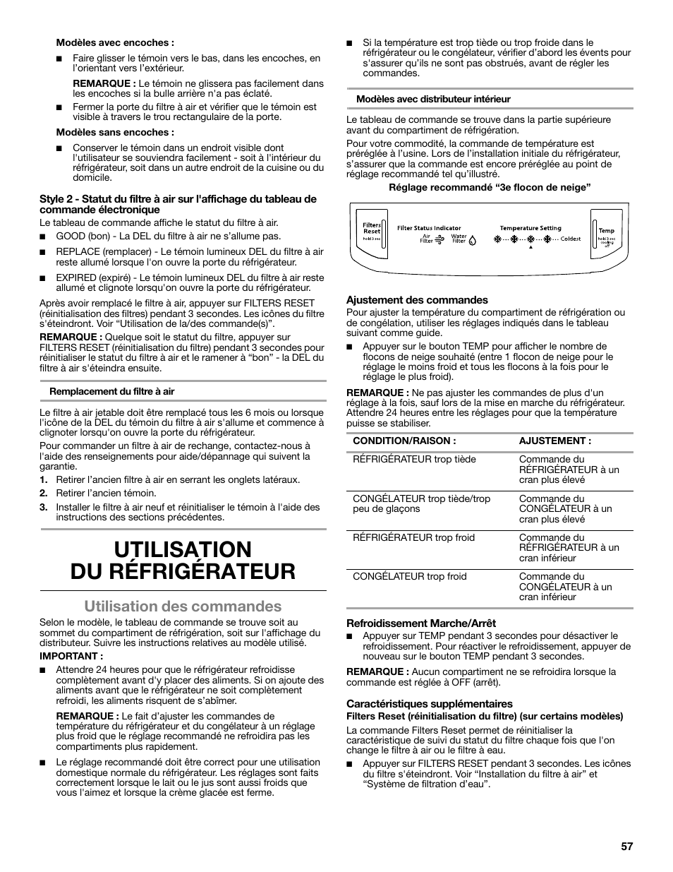 Utilisation du réfrigérateur, Utilisation des commandes | Whirlpool WRT771REYB User Manual | Page 57 / 72