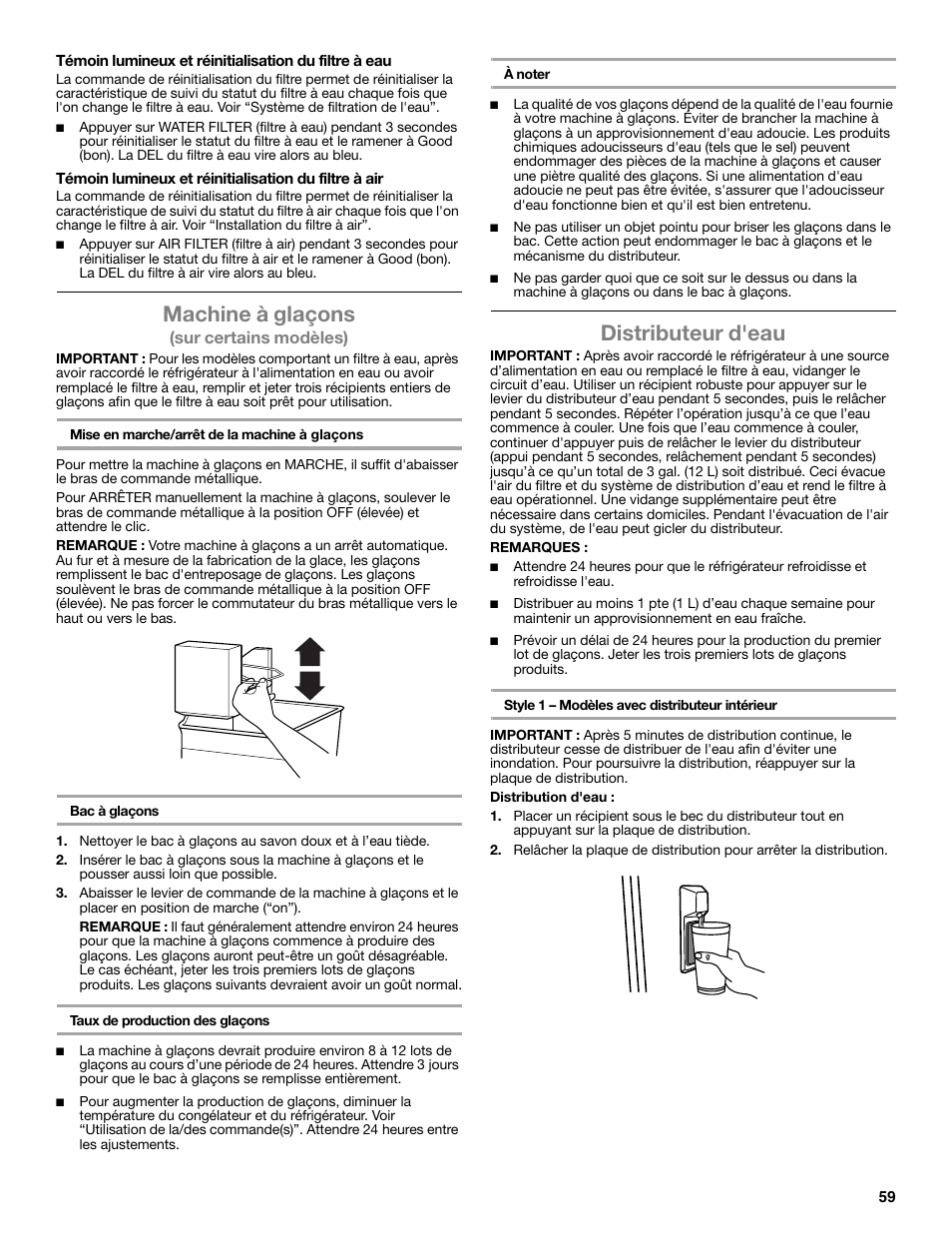 Machine à glaçons, Distributeur d'eau, Sur certains modèles) | Whirlpool WRT771REYB User Manual | Page 59 / 72