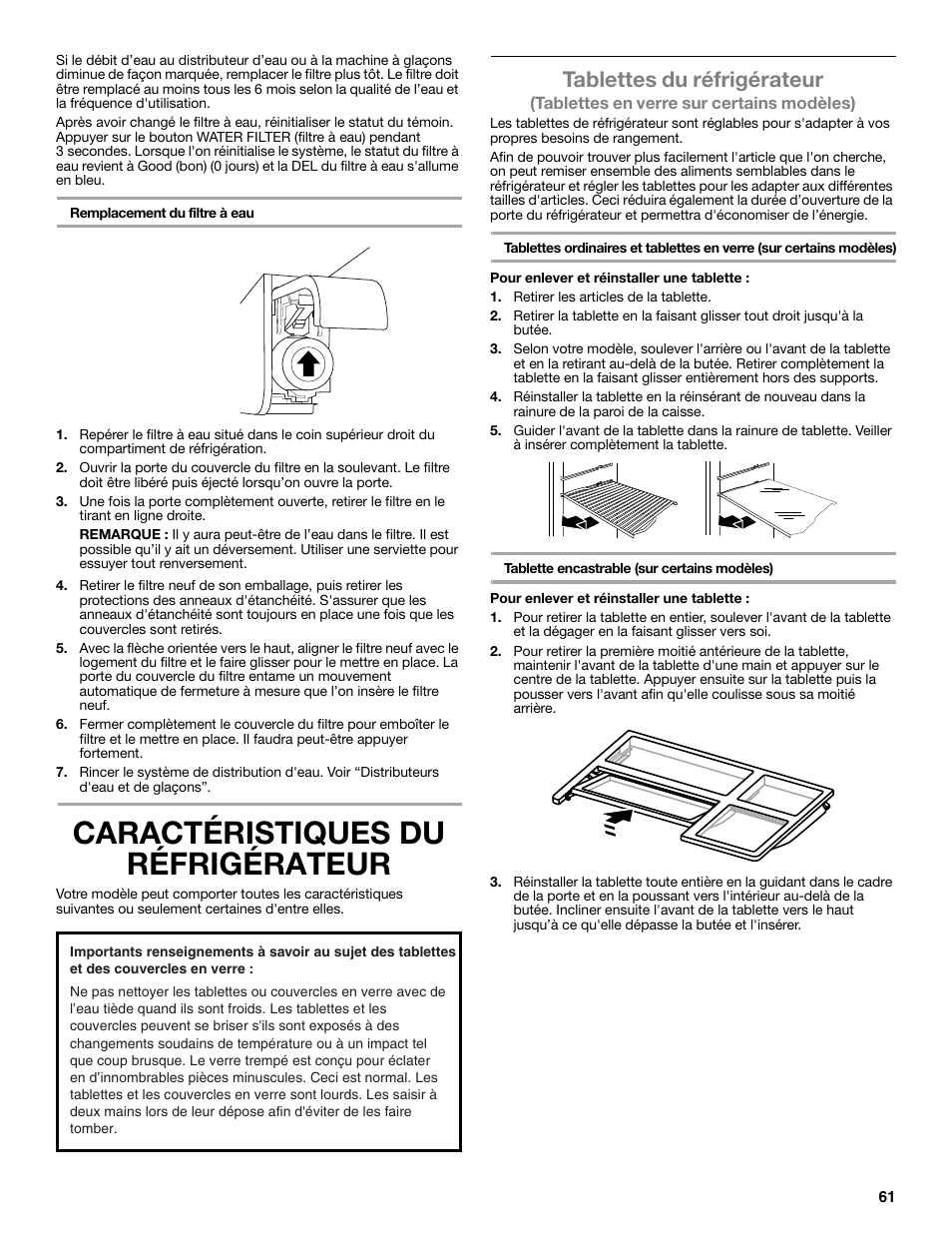 Caractéristiques du réfrigérateur, Tablettes du réfrigérateur | Whirlpool WRT771REYB User Manual | Page 61 / 72