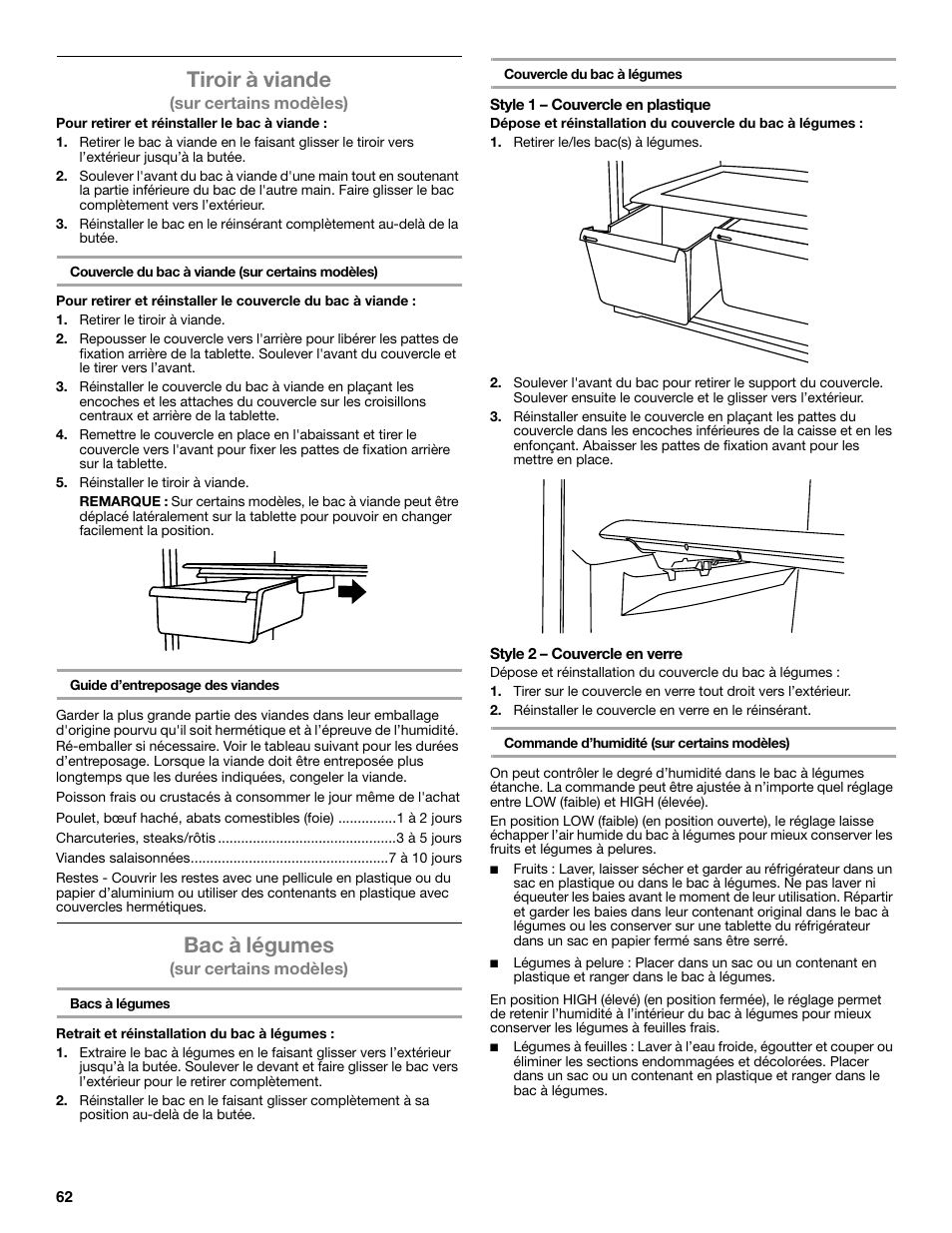 Tiroir à viande, Bac à légumes | Whirlpool WRT771REYB User Manual | Page 62 / 72