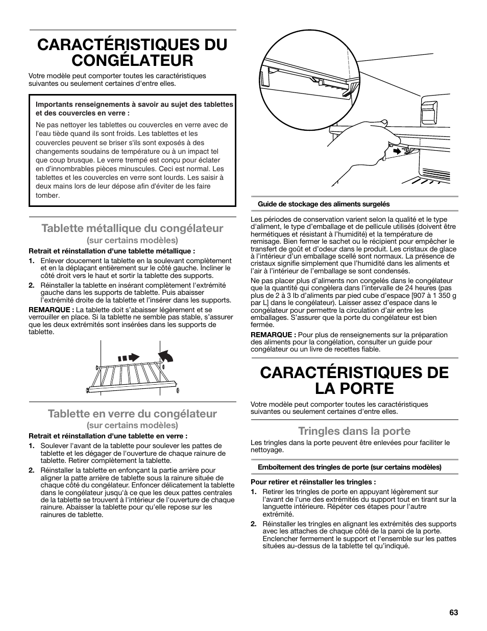 Caractéristiques du congélateur, Caractéristiques de la porte, Tablette métallique du congélateur | Tablette en verre du congélateur, Tringles dans la porte | Whirlpool WRT771REYB User Manual | Page 63 / 72