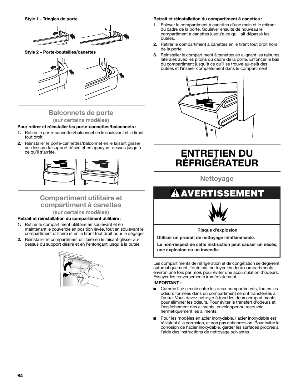 Entretien du réfrigérateur, Avertissement, Balconnets de porte | Compartiment utilitaire et compartiment à canettes, Nettoyage | Whirlpool WRT771REYB User Manual | Page 64 / 72