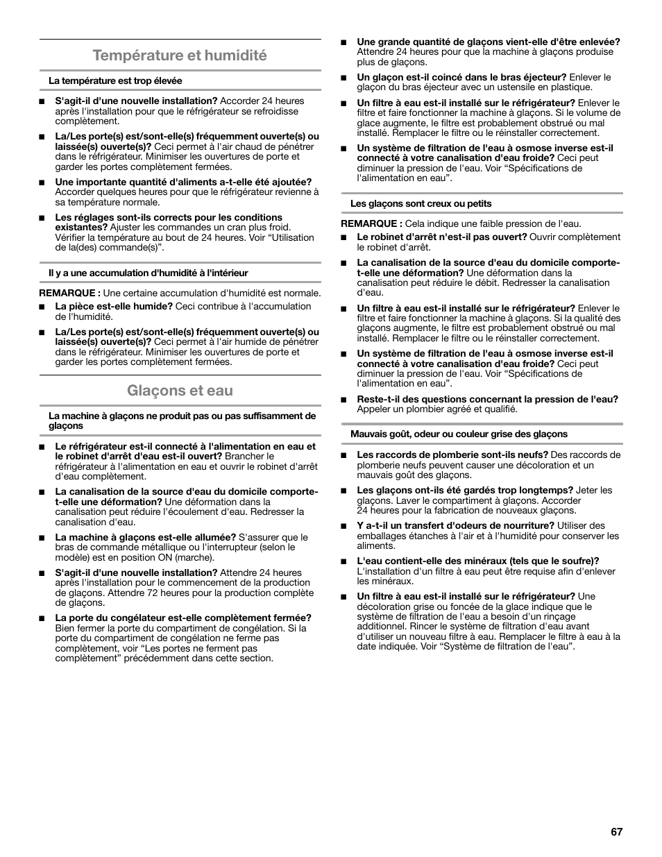 Température et humidité, Glaçons et eau | Whirlpool WRT771REYB User Manual | Page 67 / 72