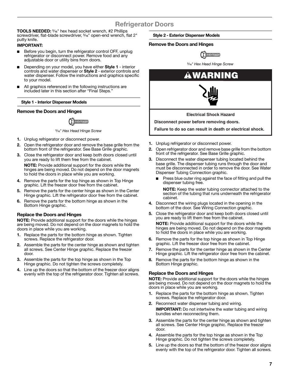 Warning, Refrigerator doors | Whirlpool WRT771REYB User Manual | Page 7 / 72