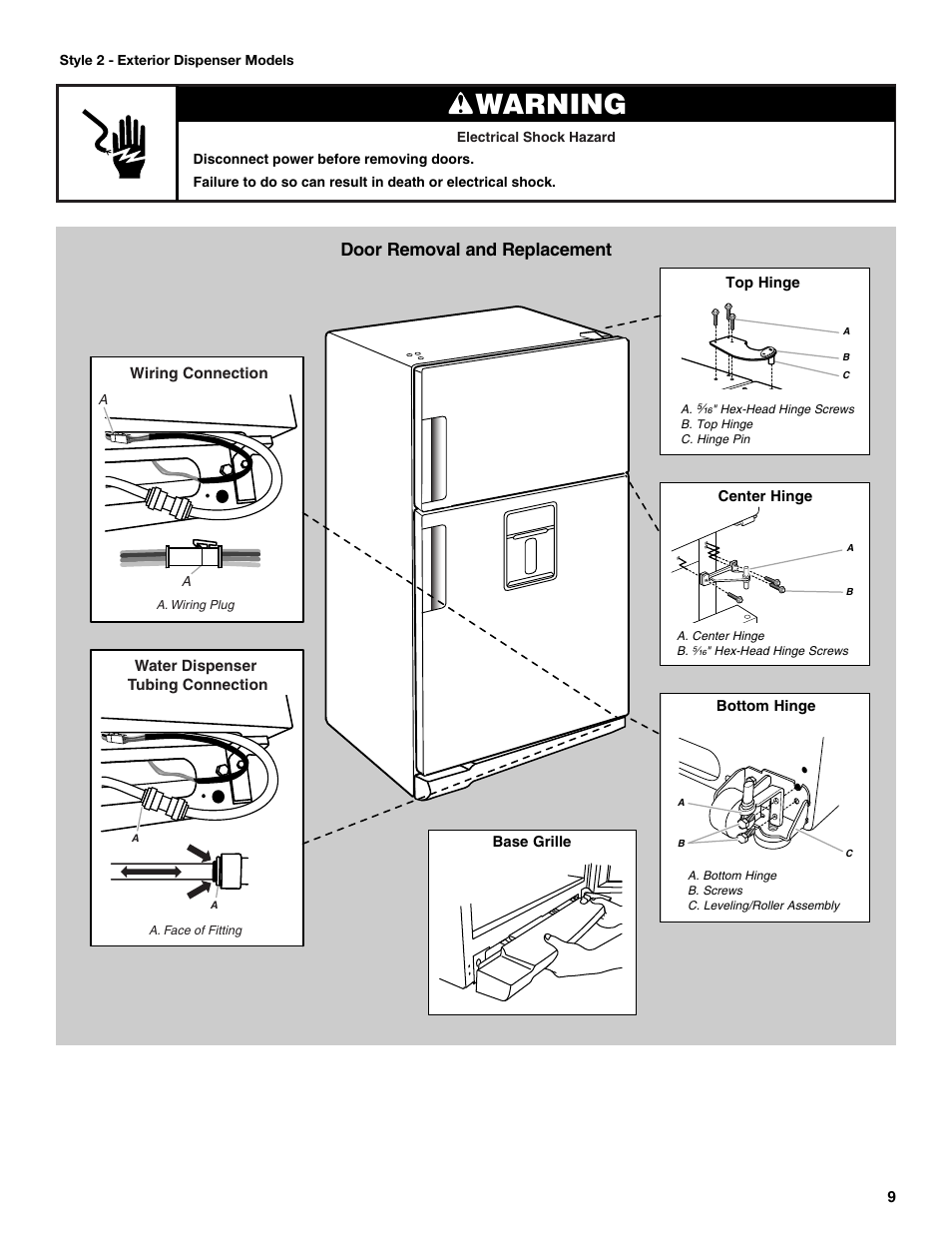 Warning, Door removal and replacement | Whirlpool WRT771REYB User Manual | Page 9 / 72