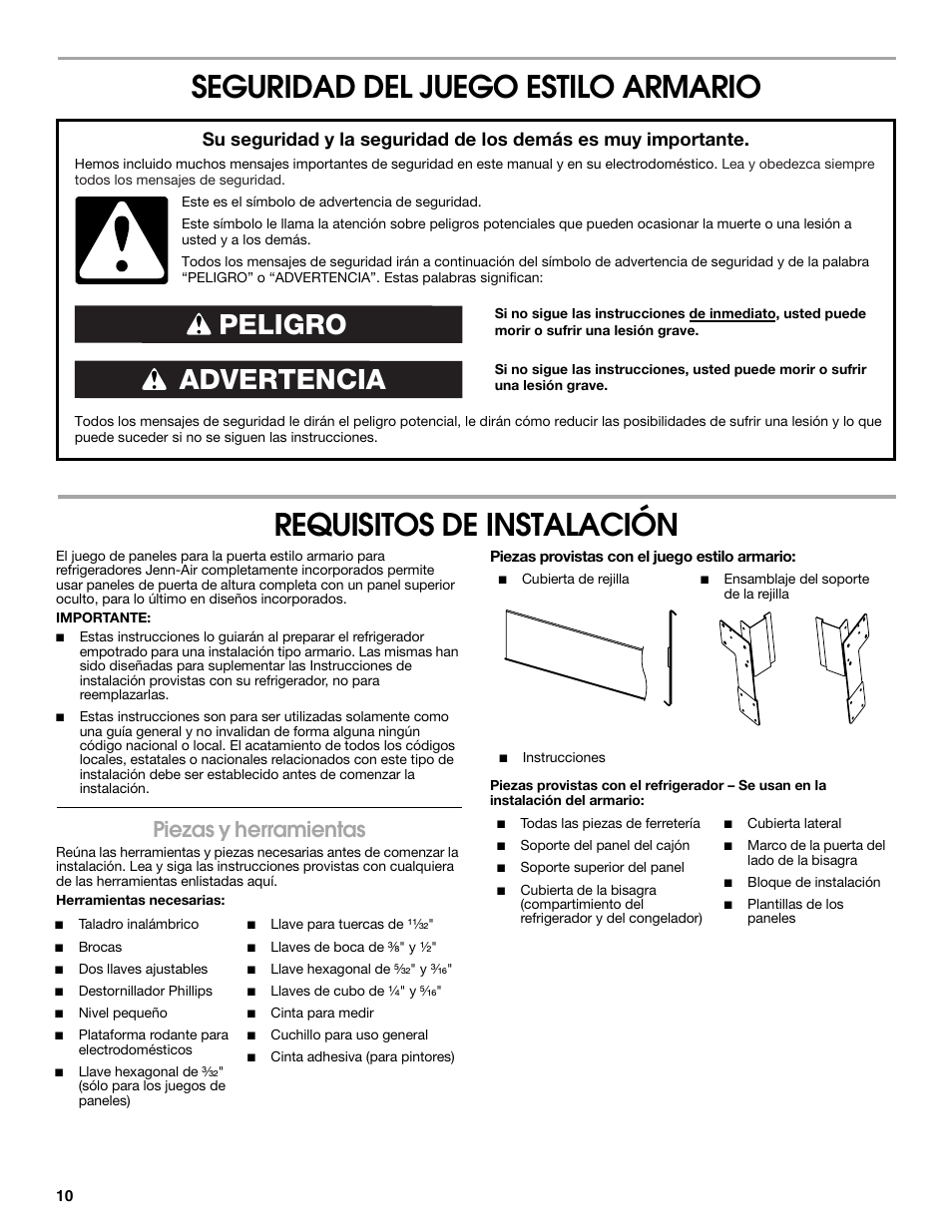 Advertencia peligro, Piezas y herramientas | Whirlpool W10292391 User Manual | Page 10 / 24