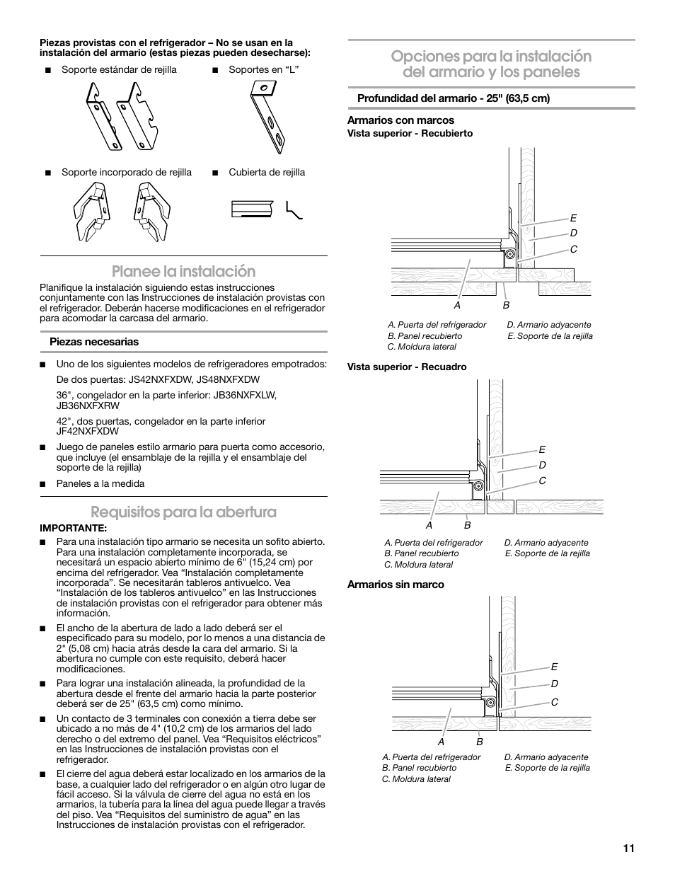 Planee la instalación, Requisitos para la abertura | Whirlpool W10292391 User Manual | Page 11 / 24