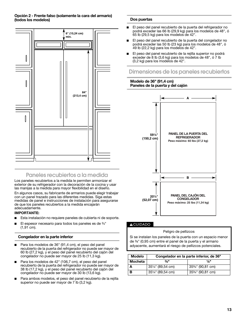 Paneles recubiertos a la medida, Dimensiones de los paneles recubiertos | Whirlpool W10292391 User Manual | Page 13 / 24