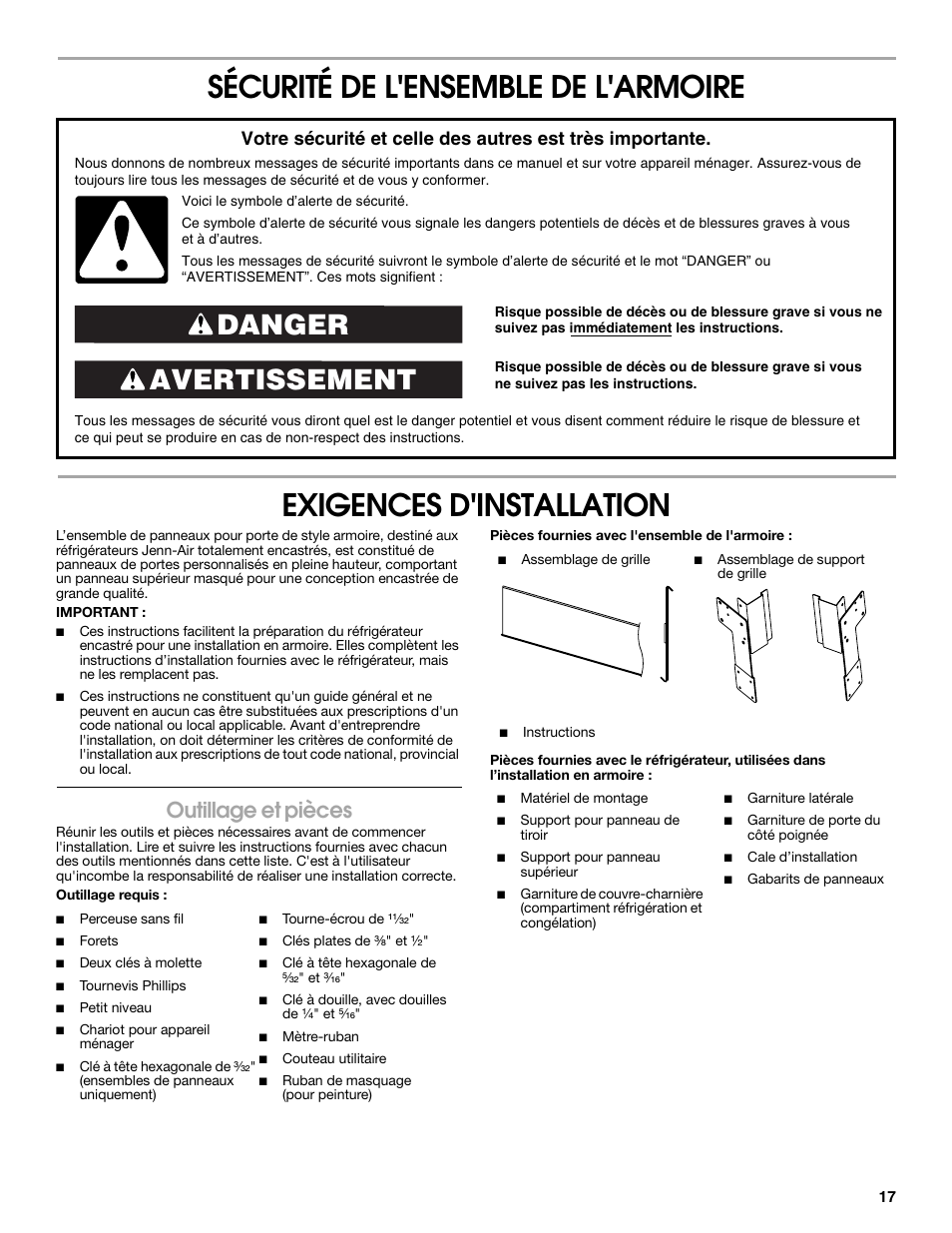 Avertissement danger, Outillage et pièces | Whirlpool W10292391 User Manual | Page 17 / 24