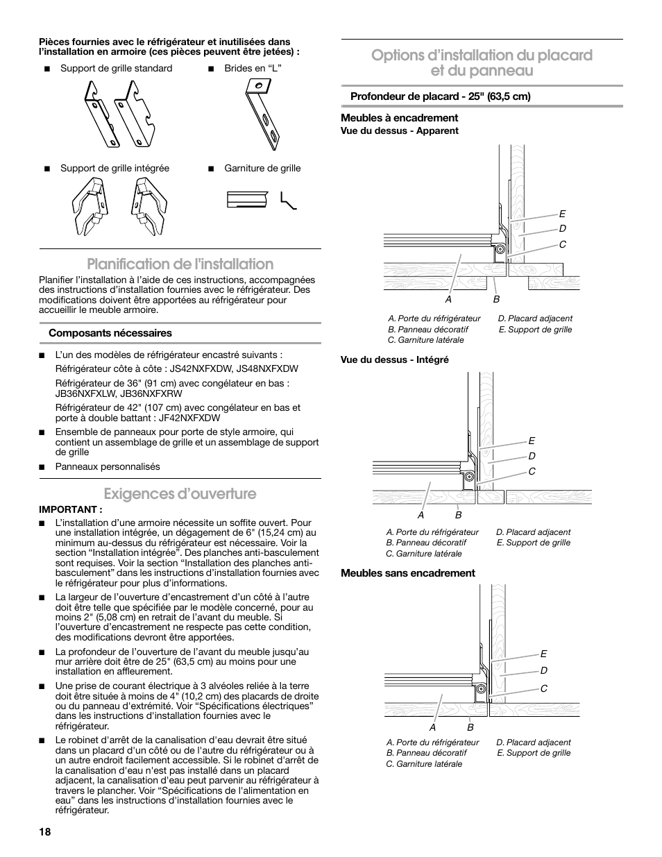 Planification de l'installation, Exigences d’ouverture, Options d’installation du placard et du panneau | Whirlpool W10292391 User Manual | Page 18 / 24