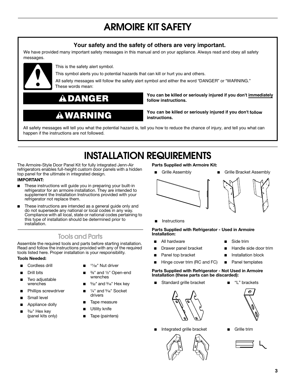 Armoire kit safety installation requirements, Danger warning, Tools and parts | Whirlpool W10292391 User Manual | Page 3 / 24