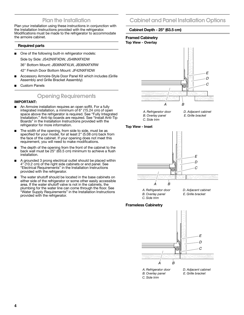 Plan the installation, Opening requirements, Cabinet and panel installation options | Whirlpool W10292391 User Manual | Page 4 / 24