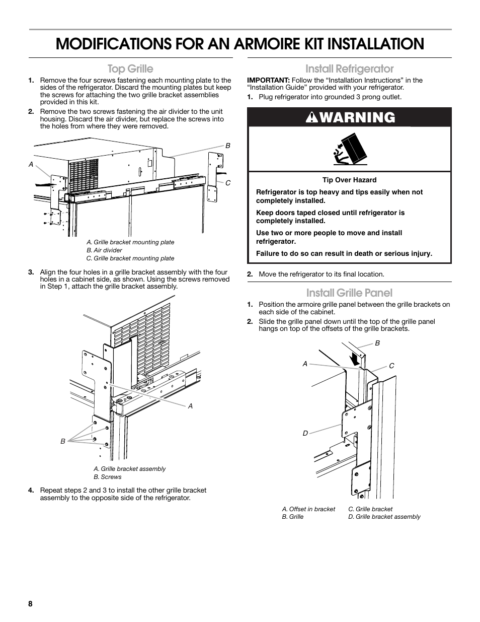 Modifications for an armoire kit installation, Warning, Top grille | Install refrigerator, Install grille panel | Whirlpool W10292391 User Manual | Page 8 / 24