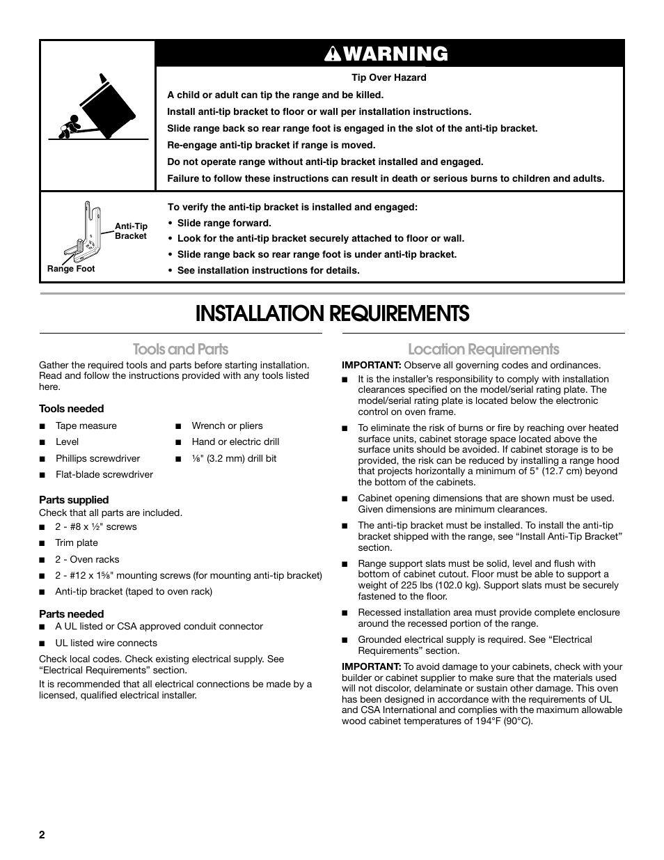 Installation requirements, Warning, Tools and parts | Location requirements | Whirlpool WDE150LVS User Manual | Page 2 / 8