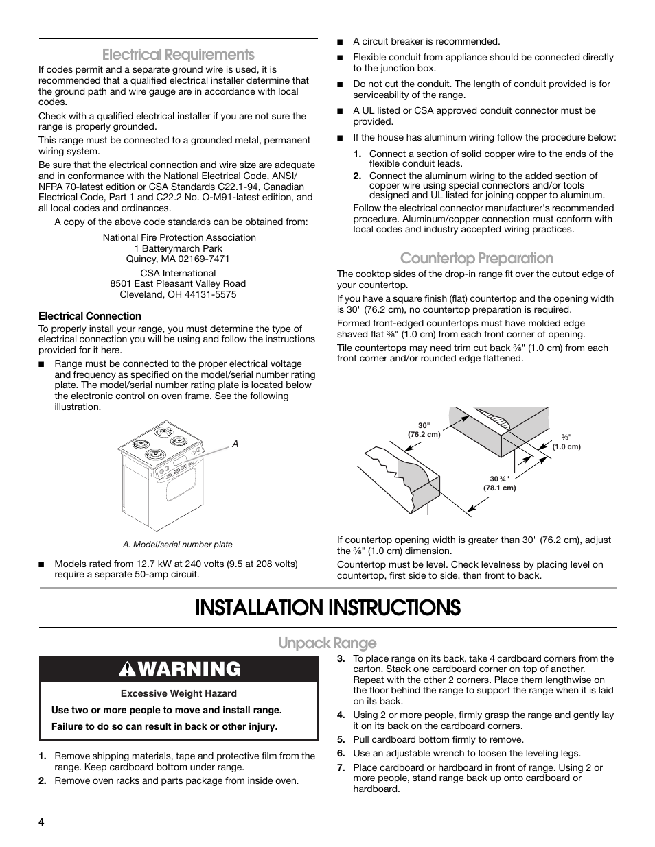 Installation instructions, Warning, Electrical requirements | Countertop preparation, Unpack range | Whirlpool WDE150LVS User Manual | Page 4 / 8