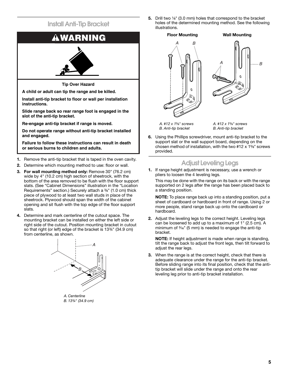 Warning, Install anti-tip bracket, Adjust leveling legs | Whirlpool WDE150LVS User Manual | Page 5 / 8