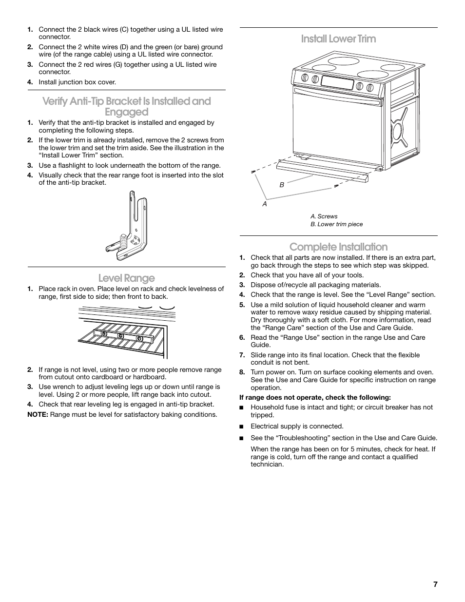 Verify anti-tip bracket is installed and engaged, Level range, Install lower trim complete installation | Whirlpool WDE150LVS User Manual | Page 7 / 8