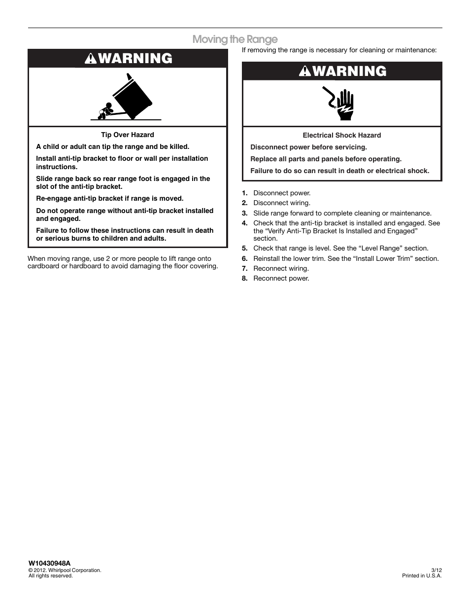 Warning, Moving the range | Whirlpool WDE150LVS User Manual | Page 8 / 8