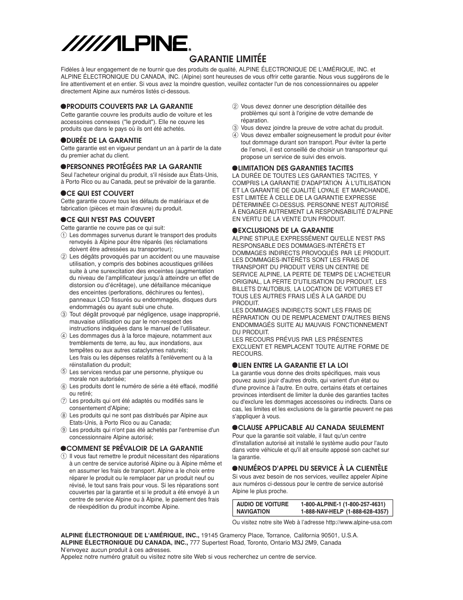 Garantie limitée | Alpine MRP-M650 User Manual | Page 15 / 16